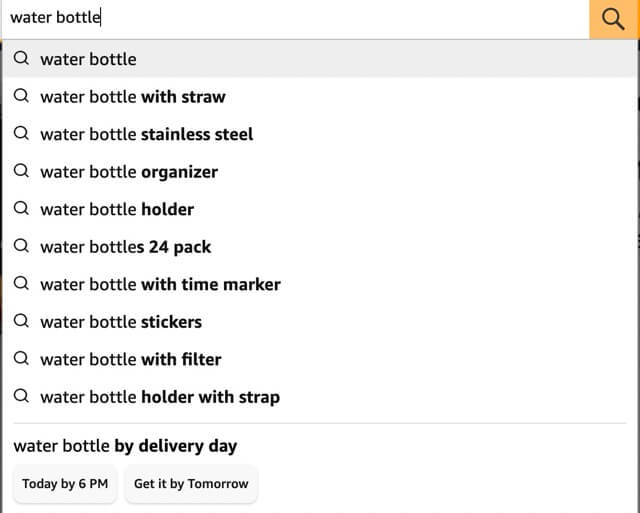 Amazon autocomplete search results for keyword "water bottle"